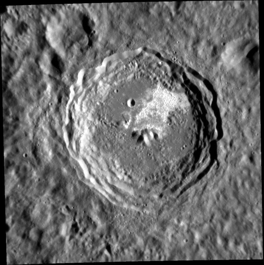 Theophanes crater, Mercury: scarps and hollows