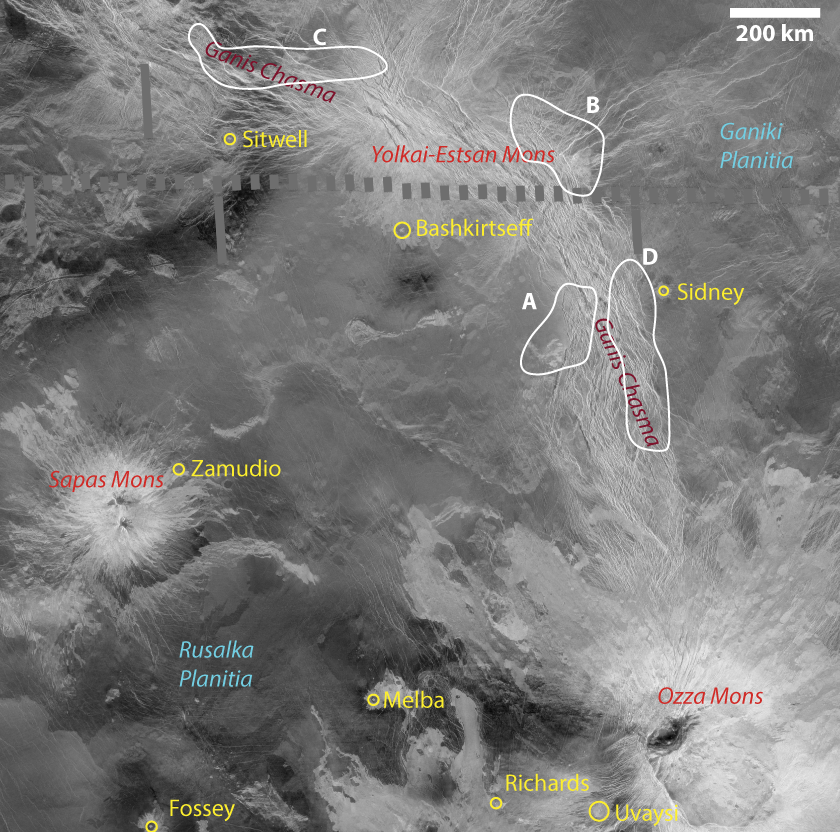 Ganis chasmata, Venus: Site of active volcanism? (annotated)