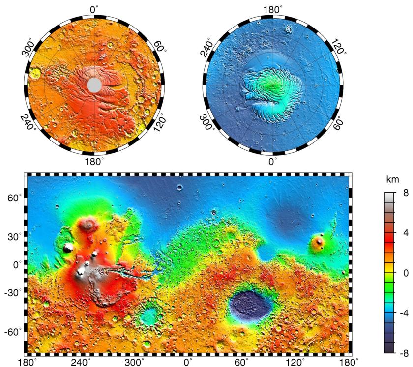 Mars Orbiter Laser Altimeter (MOLA) map of Mars