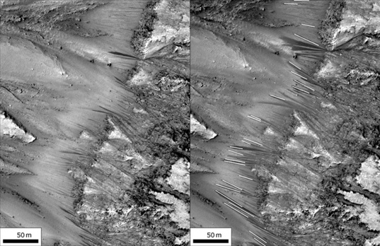Recurring slope lineae at Newton Crater, Mars, in the early season (left) and the late season (right)