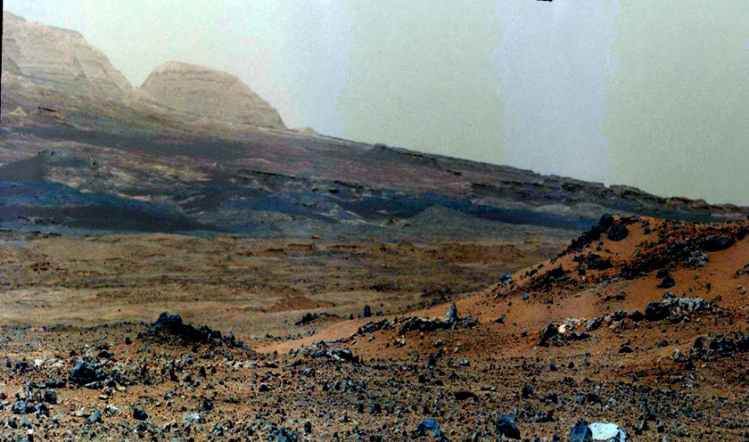 Vertically exaggerated, contrast-enhanced view of Mount Sharp foothills, sol 343