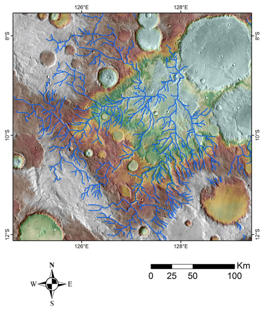 Map of valley networks on MOLA topography image base