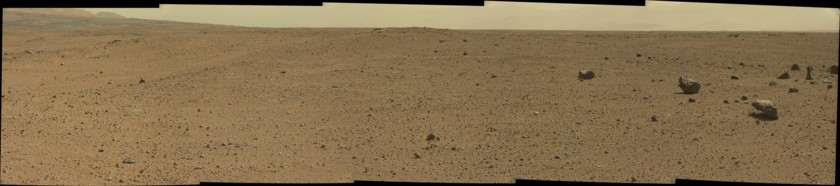 Unusual rock garden in drive direction panorama, Curiosity sol 413
