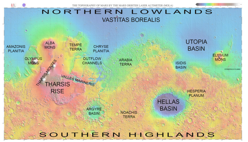Map of Mars with major regions labeled