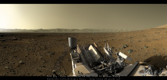 Colorized Curiosity panorama, late afternoon of sol 514