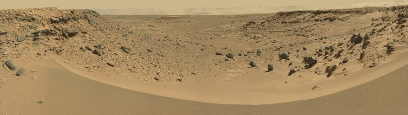 Curiosity Mastcam panorama of the valley beyond Dingo Gap, sol 528