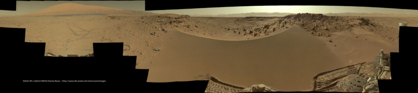 View over the Dingo Gap dune and Mount Sharp, Curiosity sol 530 (huge 360-degree panorama)