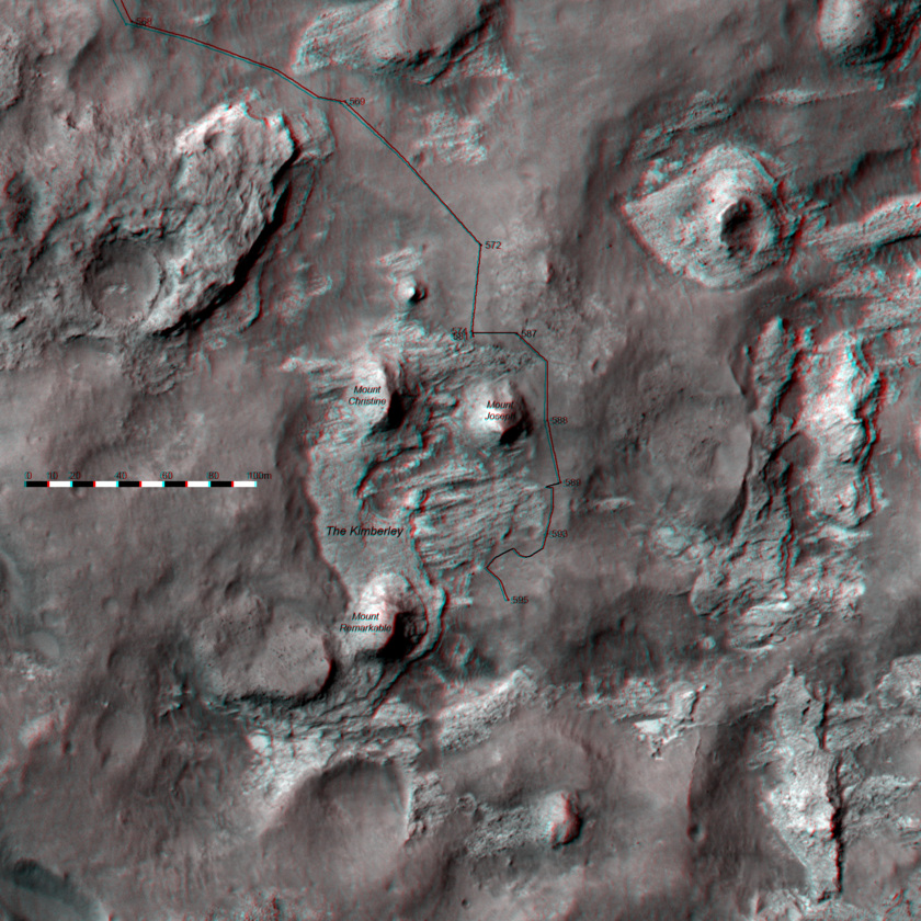 3D route map for Curiosity: Detail view of the Kimberley, sols 568-595