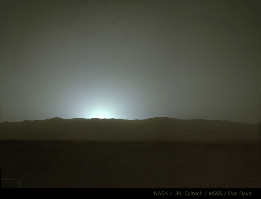 Sunset behind Gale's western rim, Curiosity sol 587