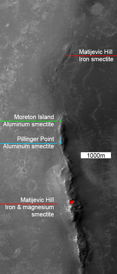 Clay mineral locations at the rim of Endeavour crater mapped by CRISM with optional rover traverse