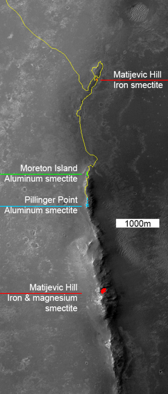 Clay mineral locations at the rim of Endeavour crater mapped by CRISM with optional rover traverse