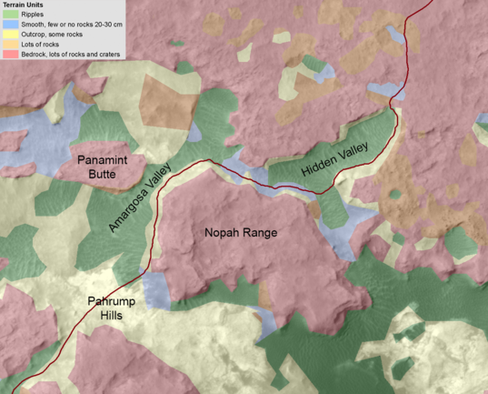 Curiosity terrain hazard map, Hidden Valley to Pahrump Hills