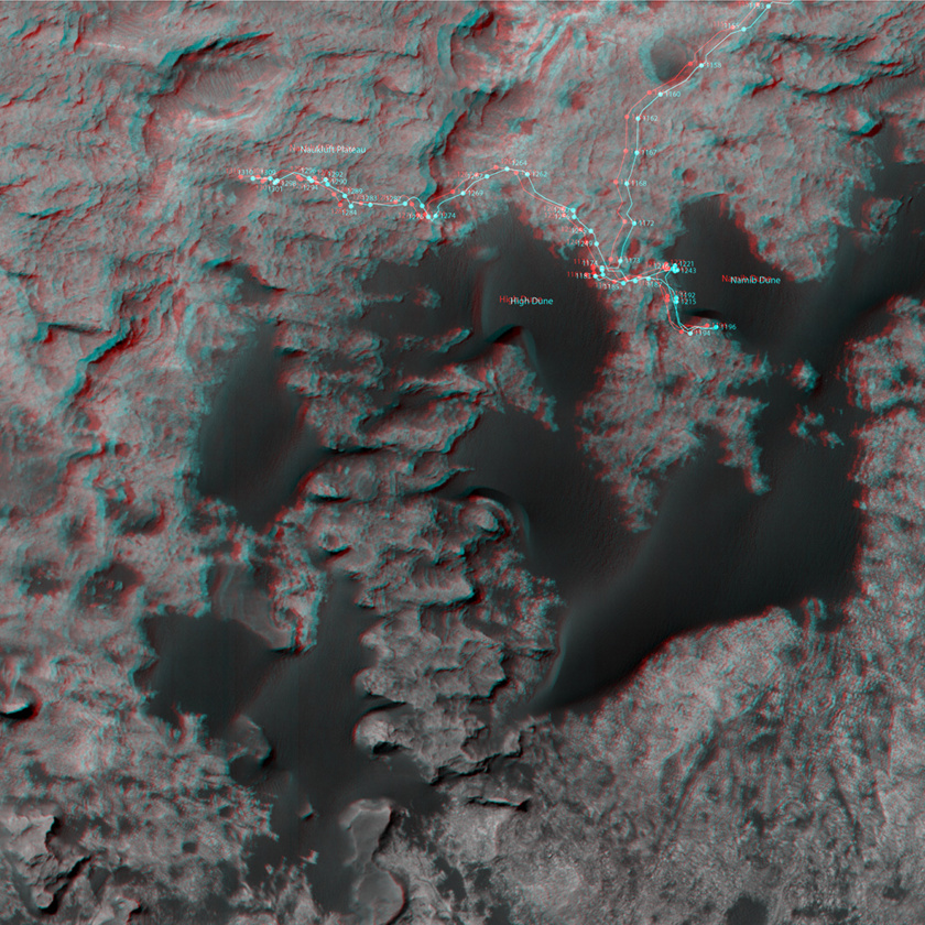 3D route map for Curiosity: Across the Bagnold dune field, sols 1153-1310 (detail)