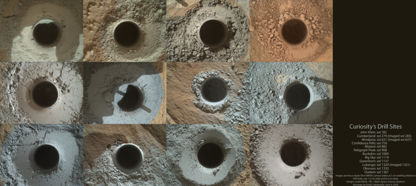 Twelve Curiosity drill holes on Mars