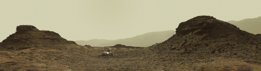 Simulated rover among Murray buttes, Curiosity sol 1421