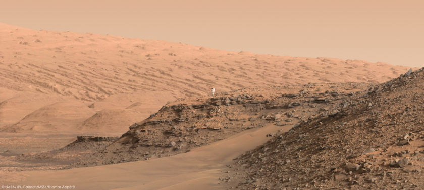 Artist’s concept of an astronaut to scale with Murray buttes, Mount Sharp in the background, Curiosity sol 1419
