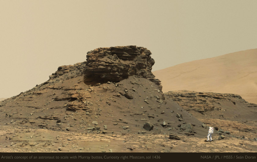 Artist’s concept of an astronaut to scale with Murray buttes, Curiosity sol 1436