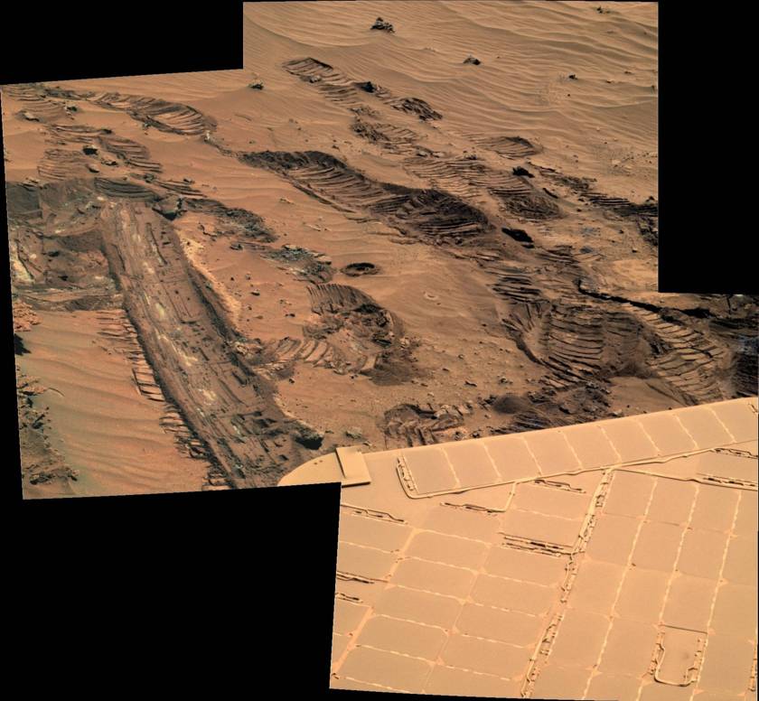 Spirit slips on the mud, sol 1042