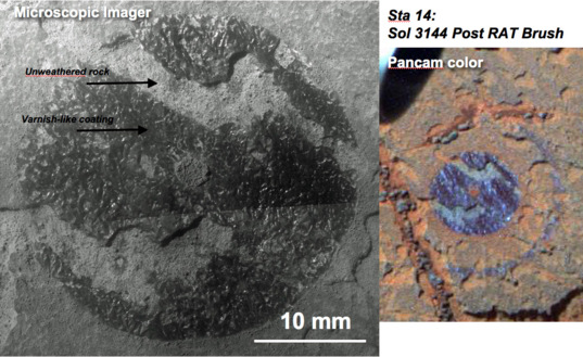 Post-RAT brush Microscopic Imager (left) and Pancam (right) images at station 14