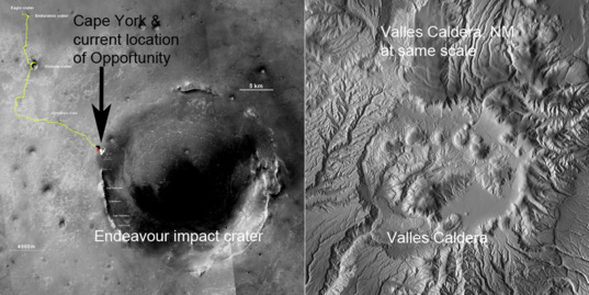 Endeavour Crater, Mars and Valles Caldera, New Mexico