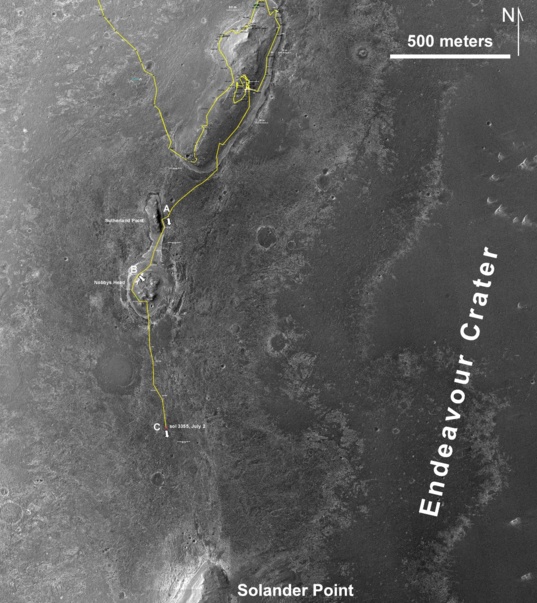 Overview map showing status of Opportunity's drive south