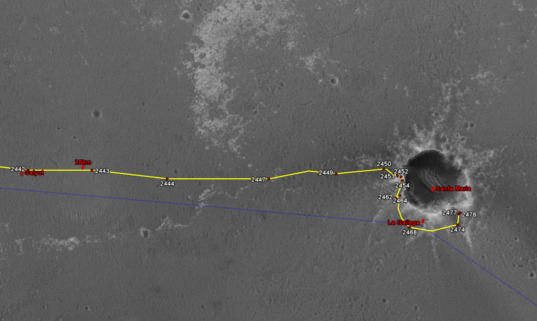 Google Mars view of Opportunity traverse as of February 9, 2011