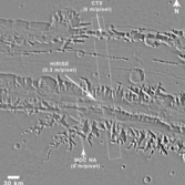 Comparison of CTX, HiRISE, and MOC NA image footprints