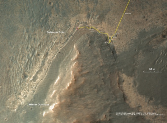 HiRISE view of Opportunity's recent path to Solander Point