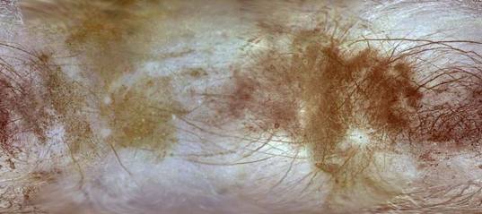 Here is the surface of Europa; guess where the sulfur is hitting!