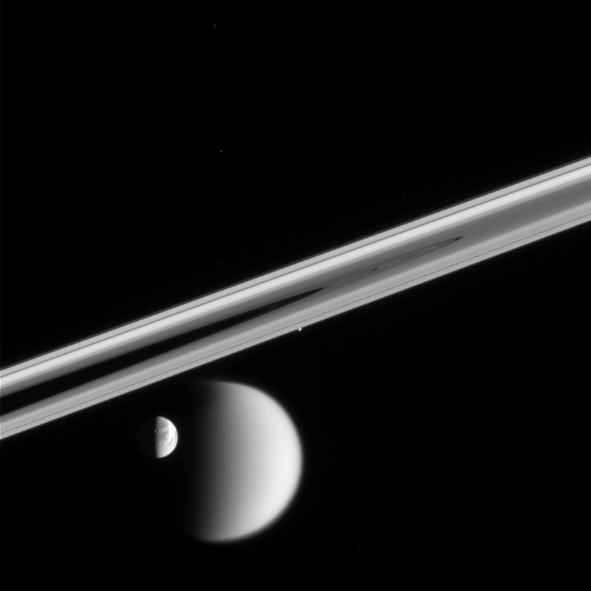 Many worlds: Dione, Titan, Prometheus, and rings