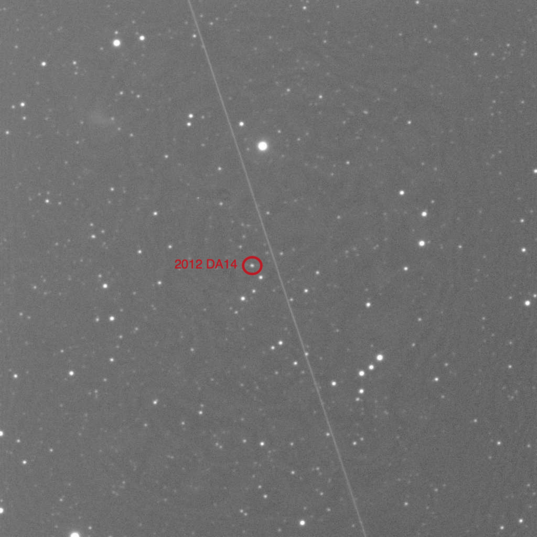Asteroid 2012 DA14 and a satellite streak from Siding Spring Observatory