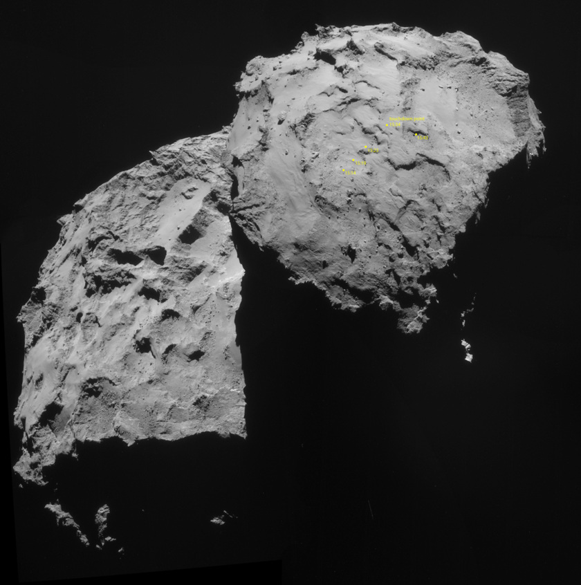 Philae's ground track on a NavCam context image