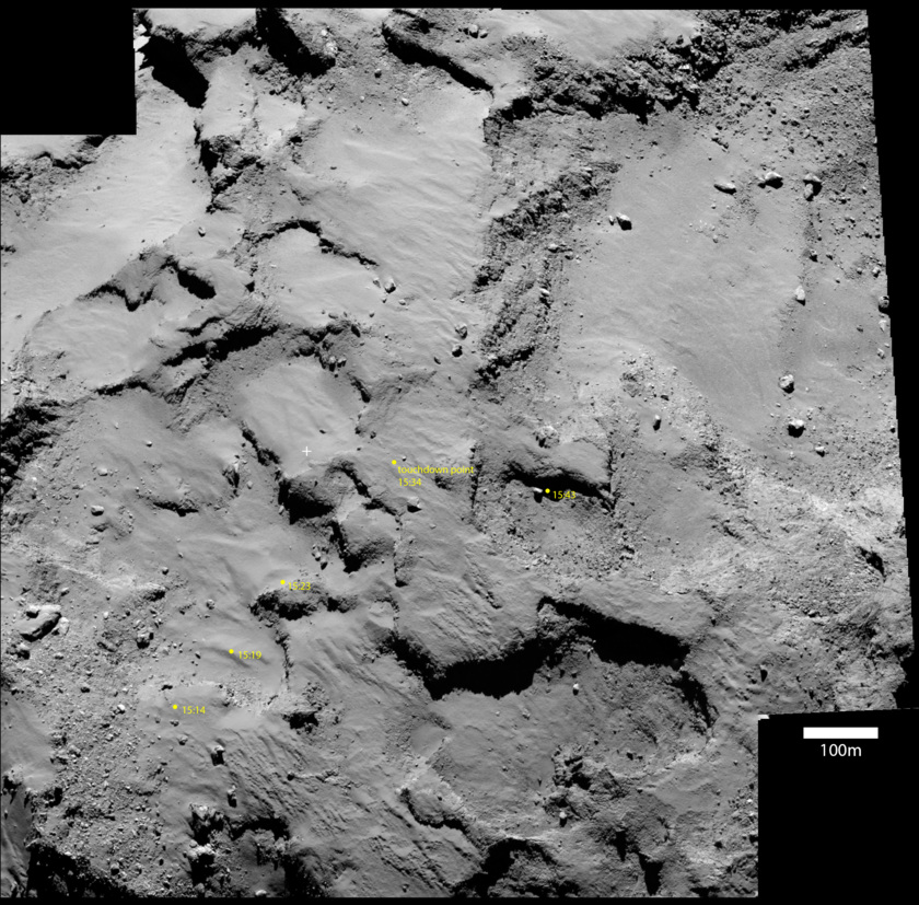 Philae's ground track on an OSIRIS context image