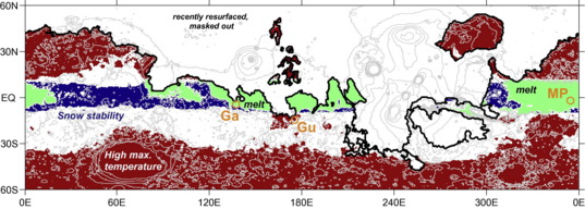Snapshot of snowmelt distribution for a single example of orbital forcing, showing role of snow stability and melting potential.