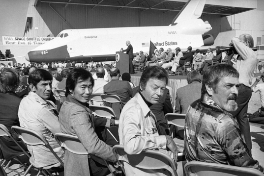 Leonard Nimoy, George Takei, DeForest Kelly and James Doohan at the unveiling of the shuttle prototype Enterprise