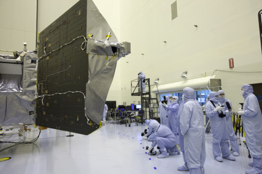 MAVEN with solar panels open in the clean room for the last time (back)