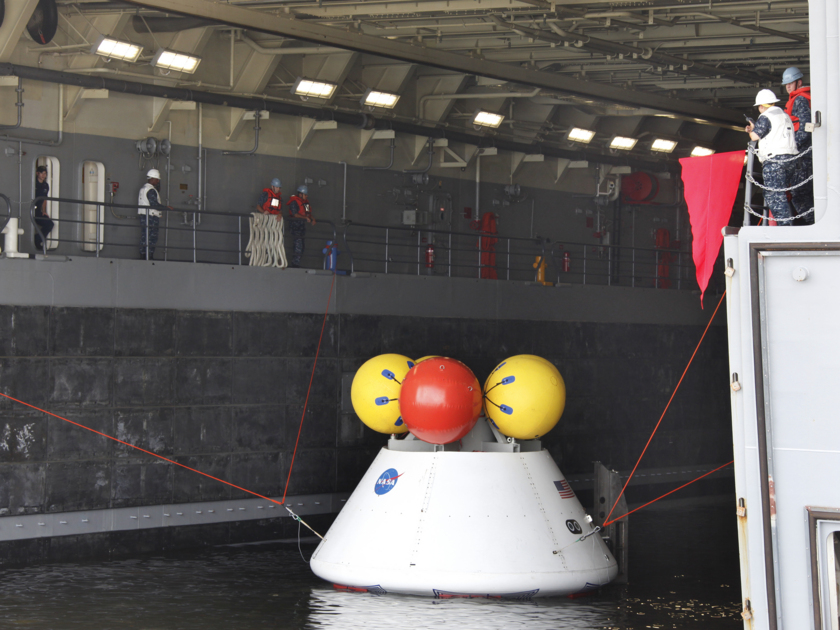 Orion inside the U.S.S. Arlington's flooded well deck