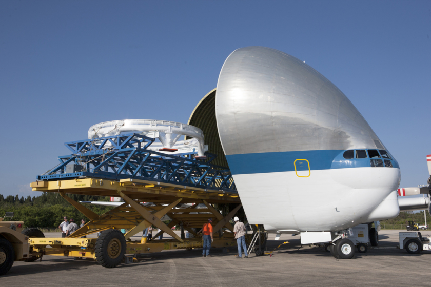 Super Guppy swallows Orion service module testing hardware