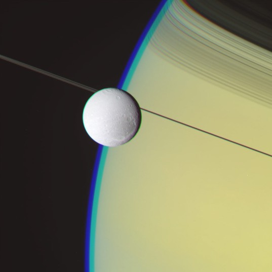 RGB color image processing: Dione and Saturn, May 2, 2012, step 1.