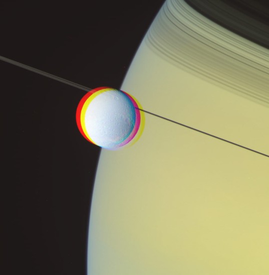 RGB color image processing: Dione and Saturn, May 2, 2012, step 2.