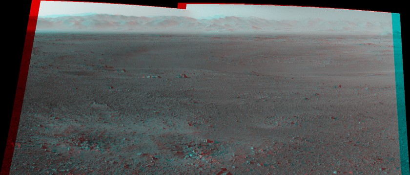 First two-frame Navcam mosaic from Curiosity (anaglyph)