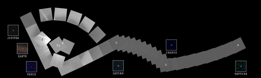 Mosaico de fotografías capturadas en febrero 14 de 1990 por la nave Voyager 1 donde aparecen todos los planetas del Sistema Solar, incluyendo la Tierra.  Crédito: NASA/JPL.
