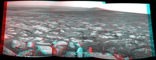 Odyssey Crater, Cape York, and western Endeavour rim, sol 2678 (3D anaglyph)
