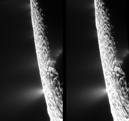 Enceladus' plumes in cross-eyed stereo