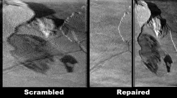 Galileo 'I24' image, scrambled (left) and repaired (right)