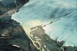 Aerial view of sulfur staining glacial ice in Borup Fiord Pass