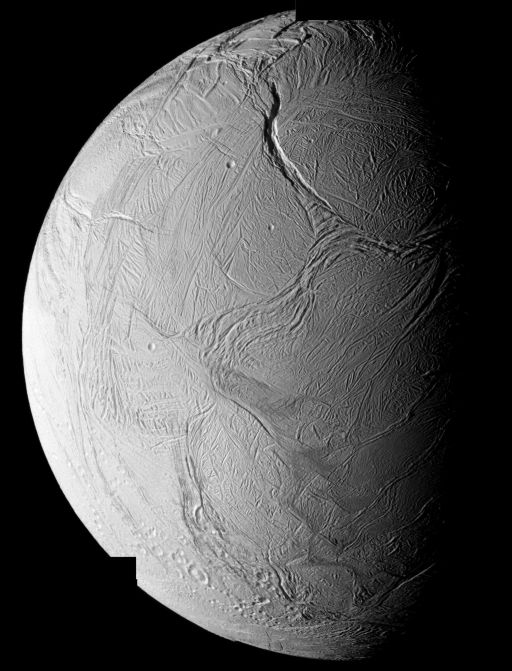 Mosaic of Enceladus' southern hemisphere from the October 9, 2008 Cassini flyby