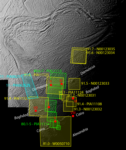 Context map for Cassini's highest-resolution views of Enceladus' south pole