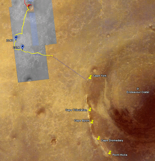 How far to the peaks on Endeavour's rim?