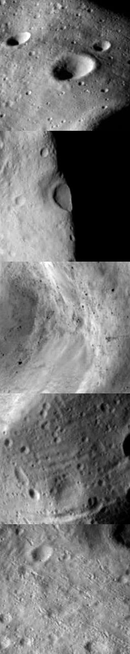 Five detail images cropped from Rosetta's Lutetia views